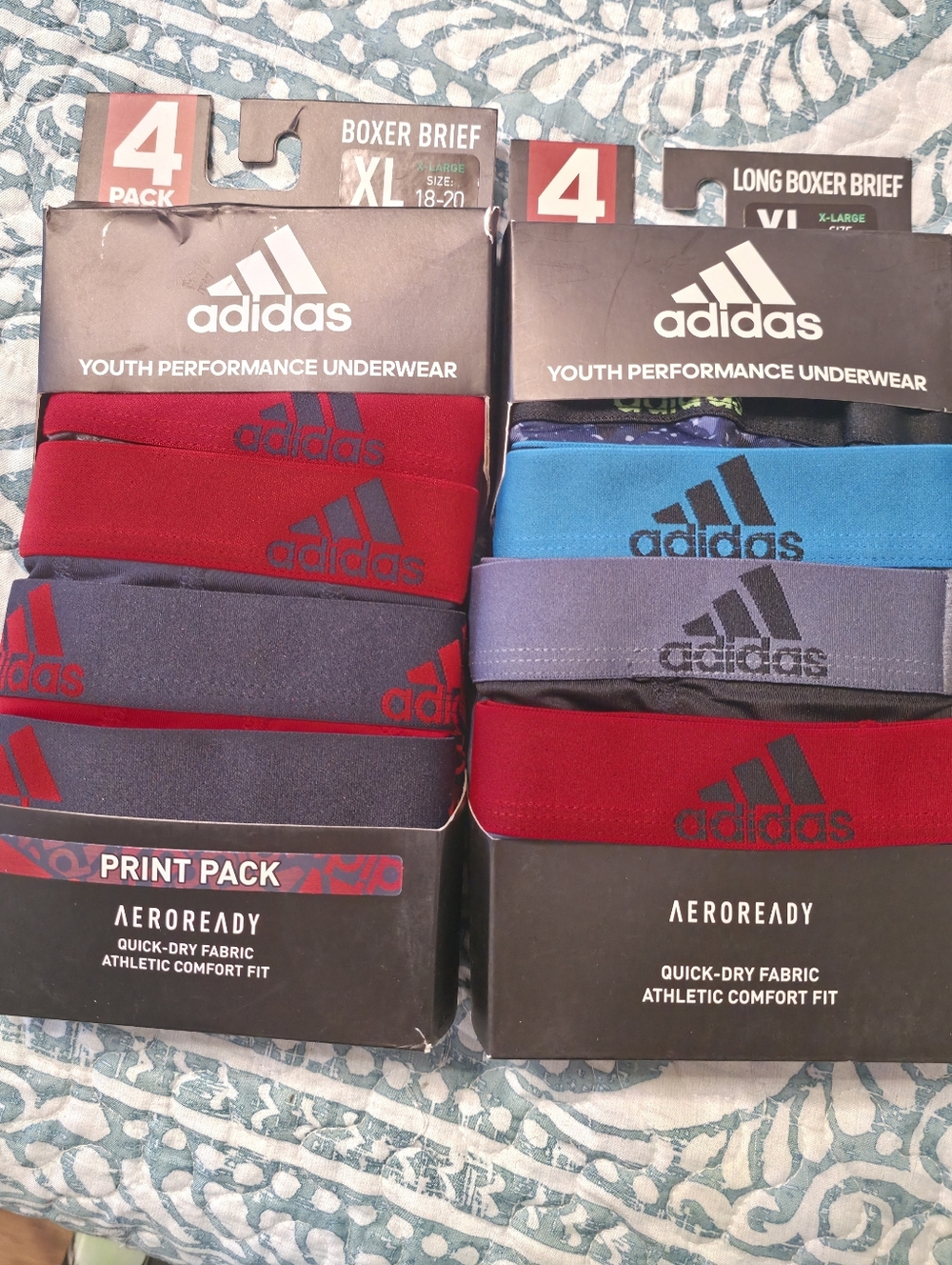 adidas Youth Performance Boxer Briefs - Red, Blue, Gray (4-Pack).  8 Pair Total.